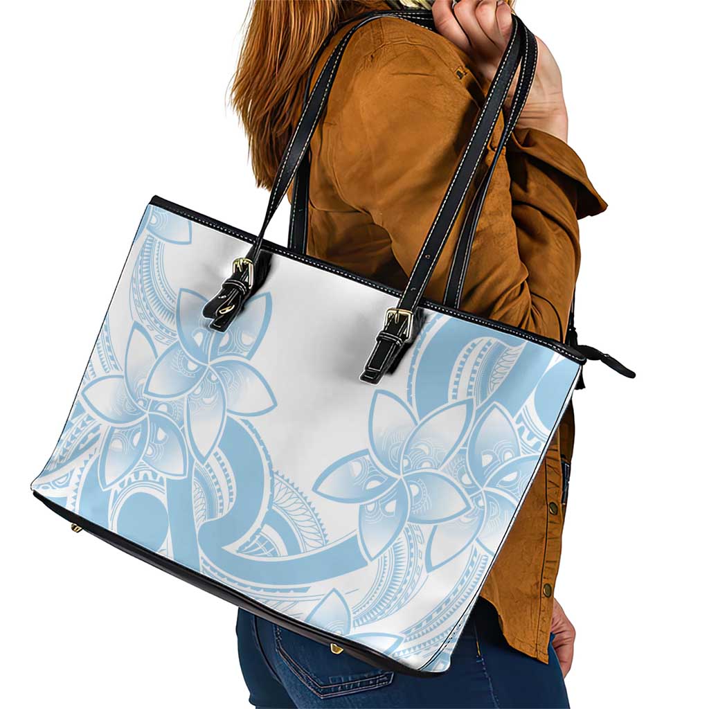 Polynesian Tribal Plumeria Lotu Tamaiti Leather Tote Bag Pastel Sky Blue - Polynesian Pride