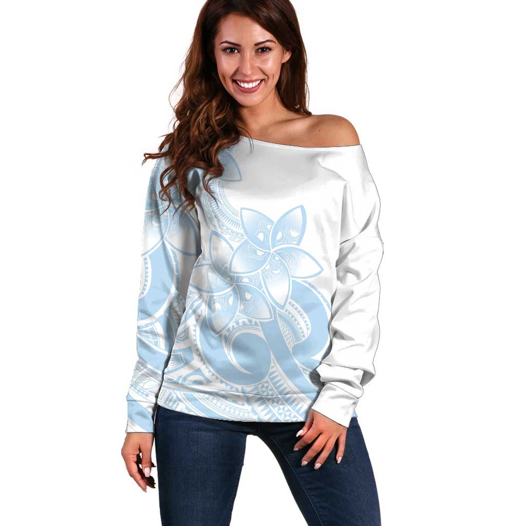 Polynesian Tribal Plumeria Lotu Tamaiti Off Shoulder Sweater Pastel Sky Blue - Polynesian Pride