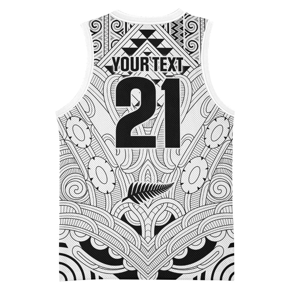 2026 Autumn Rugby Nations New Zealand Custom Basketball Jersey White Kowhaiwhai Maori Tribal Taniko Motif LT9 - Polynesian Pride