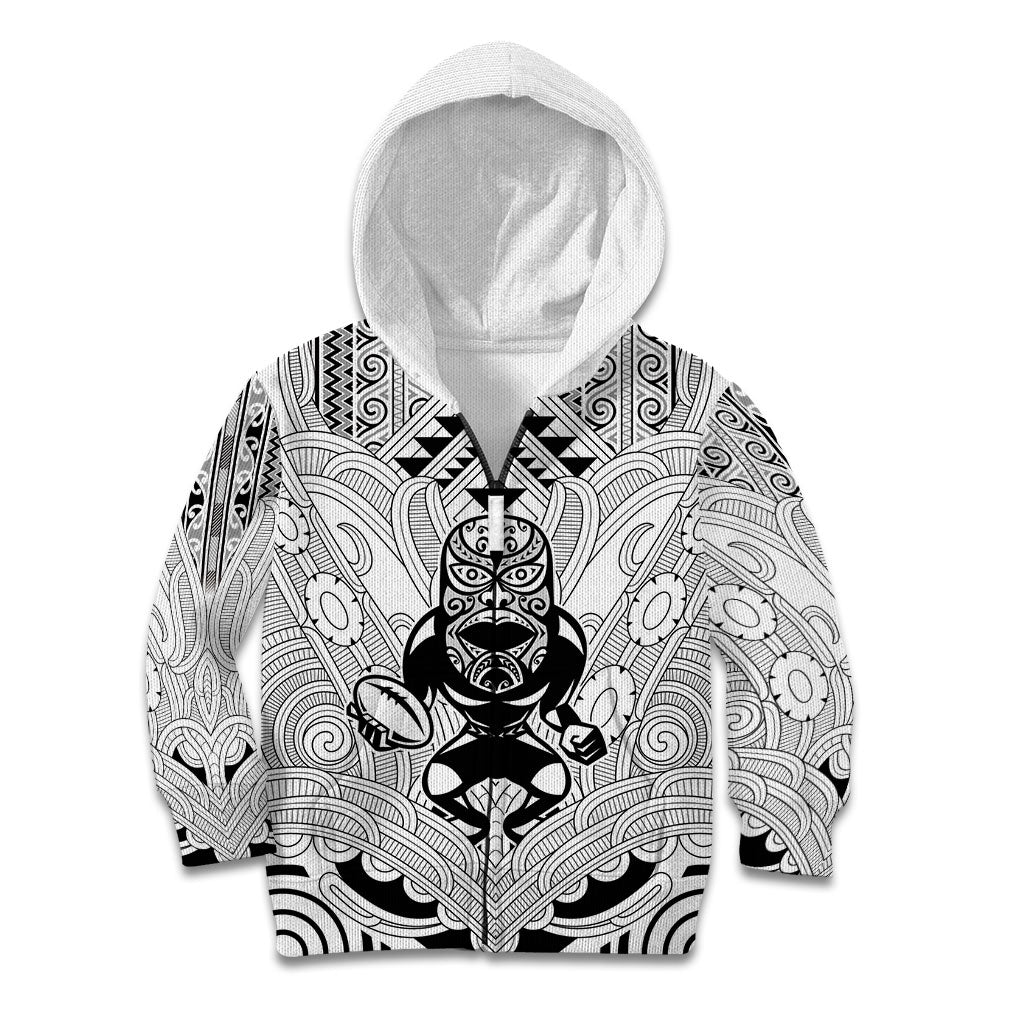 2026 Autumn Rugby Nations New Zealand Custom Kid Hoodie White Kowhaiwhai Maori Tribal Taniko Motif LT9 Zip Hoodie White - Polynesian Pride