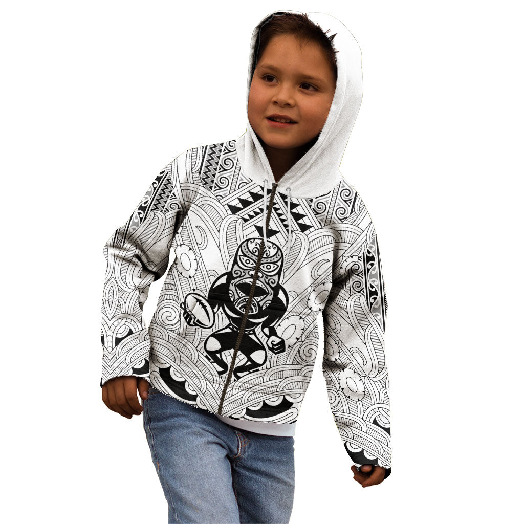 2026 Autumn Rugby Nations New Zealand Custom Kid Hoodie White Kowhaiwhai Maori Tribal Taniko Motif LT9 - Polynesian Pride