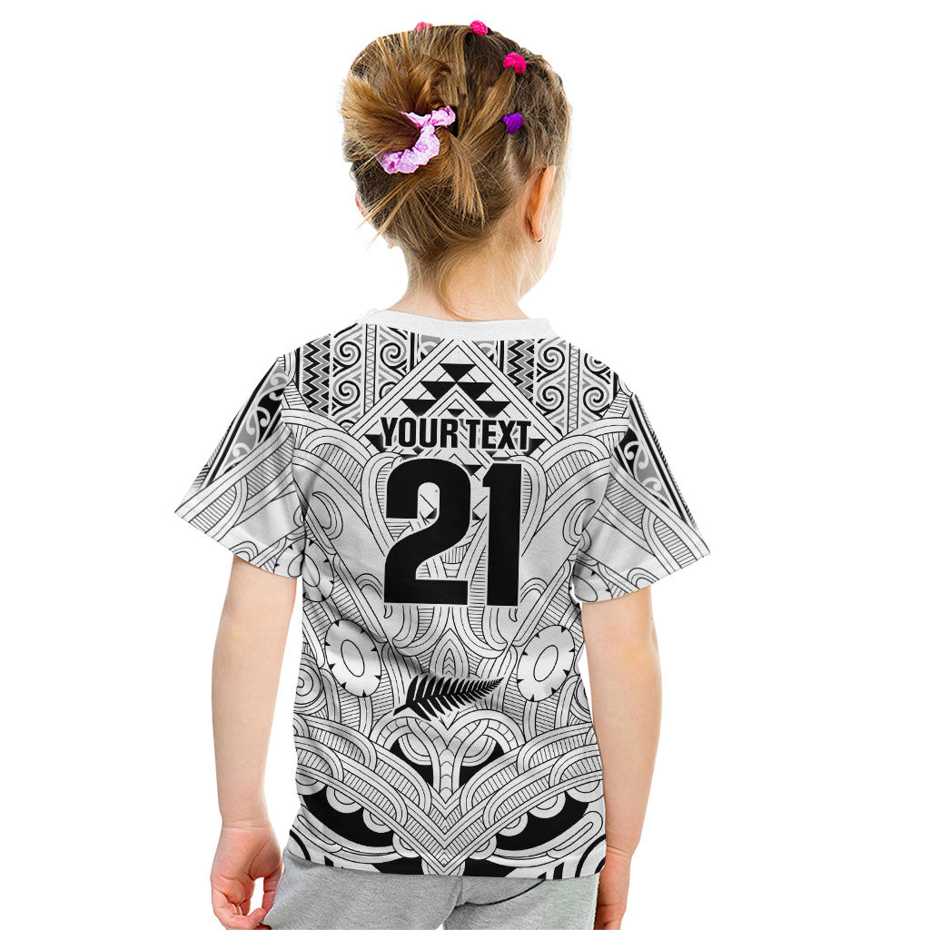 2026 Autumn Rugby Nations New Zealand Custom Kid T Shirt White Kowhaiwhai Maori Tribal Taniko Motif LT9 - Polynesian Pride