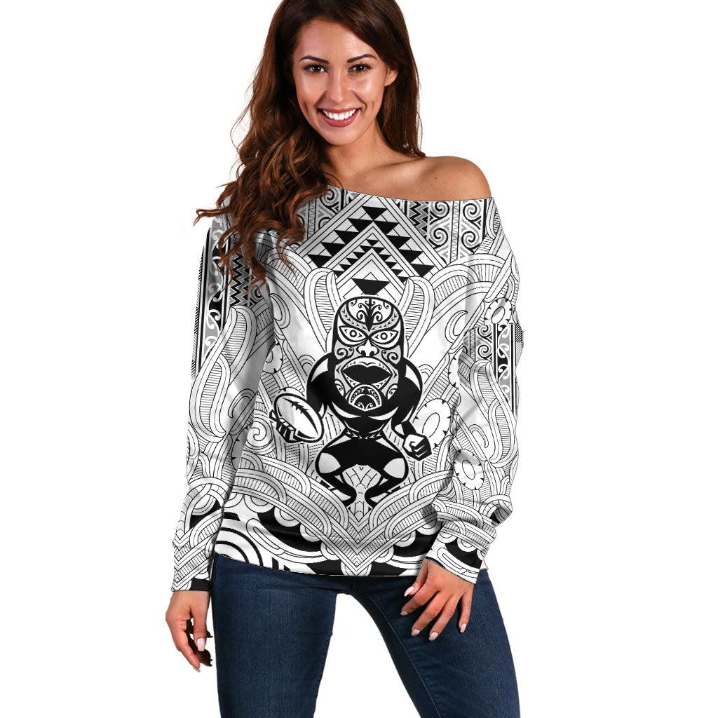 2026 Autumn Rugby Nations New Zealand Custom Off Shoulder Sweater White Kowhaiwhai Maori Tribal Taniko Motif LT9 Women White - Polynesian Pride