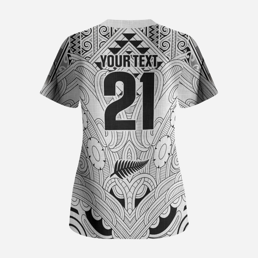 2026 Autumn Rugby Nations New Zealand Custom Scrub Top White Kowhaiwhai Maori Tribal Taniko Motif LT9 - Polynesian Pride