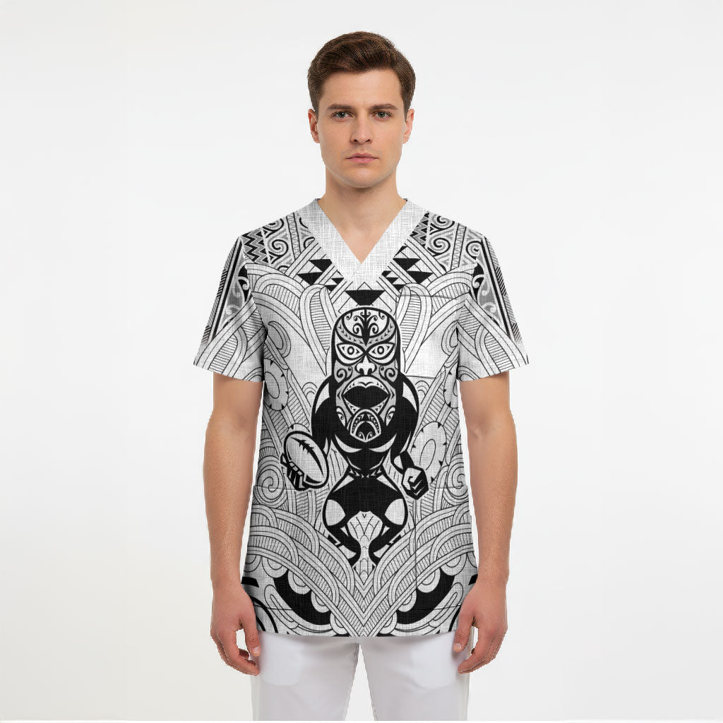 2026 Autumn Rugby Nations New Zealand Custom Scrub Top White Kowhaiwhai Maori Tribal Taniko Motif LT9 - Polynesian Pride