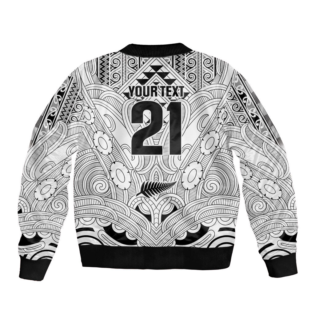 2026 Autumn Rugby Nations New Zealand Custom Sleeve Zip Bomber Jacket White Kowhaiwhai Maori Tribal Taniko Motif LT9 - Polynesian Pride