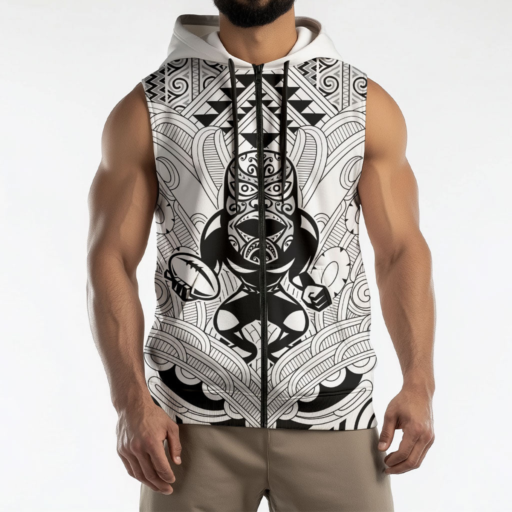 2026 Autumn Rugby Nations New Zealand Custom Sleeveless Zip Hoodie White Kowhaiwhai Maori Tribal Taniko Motif LT9 - Polynesian Pride