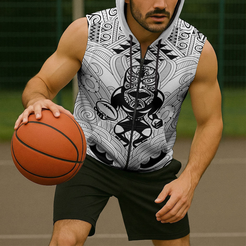 2026 Autumn Rugby Nations New Zealand Custom Sleeveless Zip Hoodie White Kowhaiwhai Maori Tribal Taniko Motif LT9 - Polynesian Pride