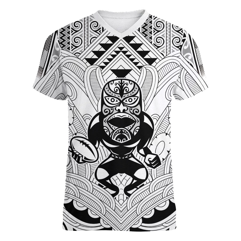 2026 Autumn Rugby Nations New Zealand Custom Women V-Neck T-Shirt White Kowhaiwhai Maori Tribal Taniko Motif LT9 Female White - Polynesian Pride
