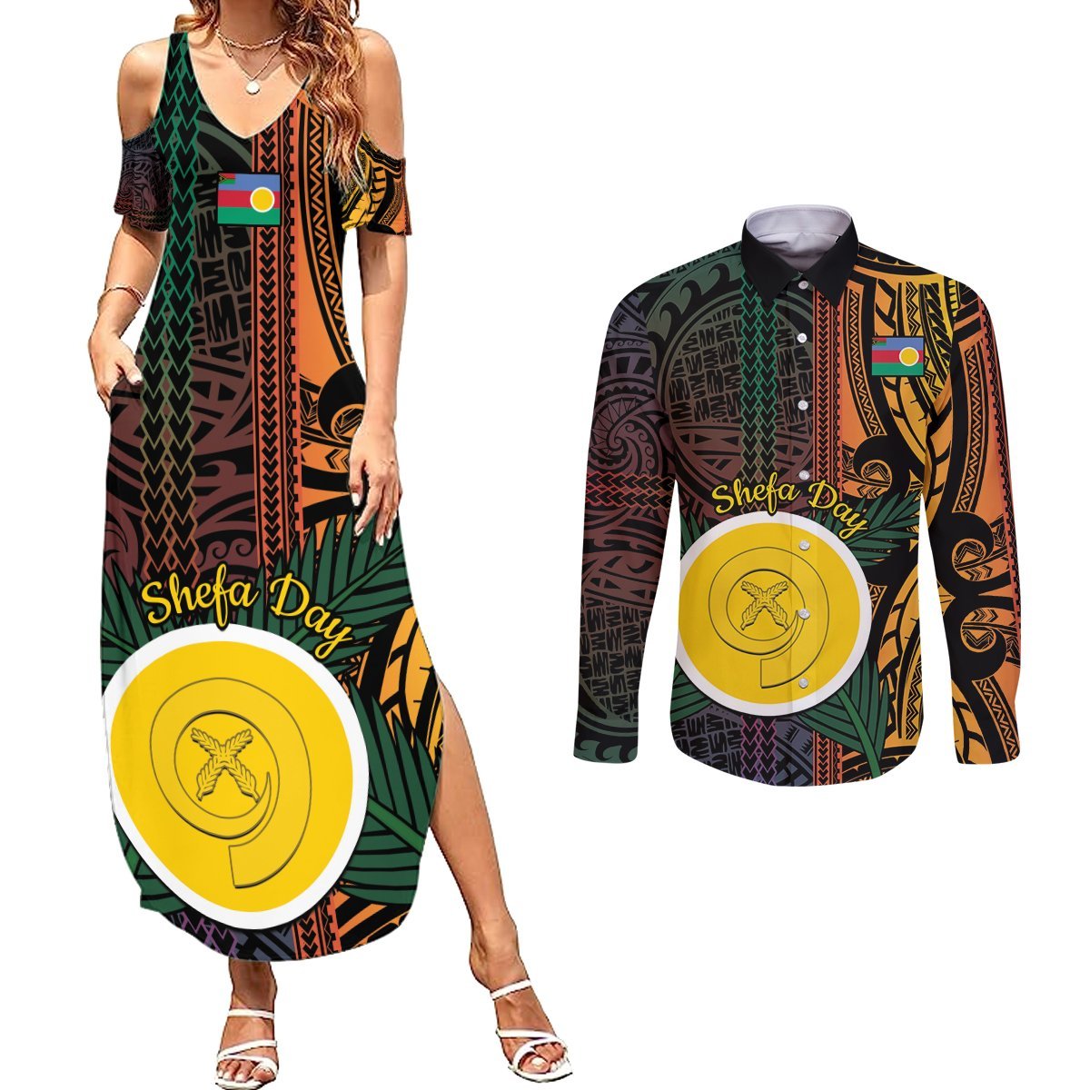 Personalised Shefa Day Couples Matching Summer Maxi Dress and Long Sleeve Button Shirt Happy June 18 Vanuatu Province LT14 Black - Polynesian Pride