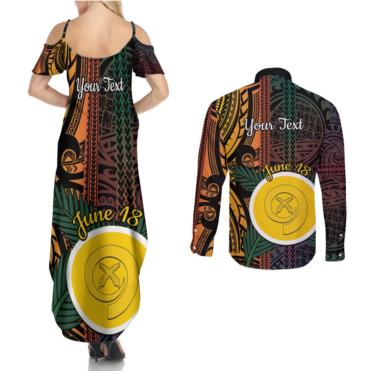 Personalised Shefa Day Couples Matching Summer Maxi Dress and Long Sleeve Button Shirt Happy June 18 Vanuatu Province LT14 - Polynesian Pride
