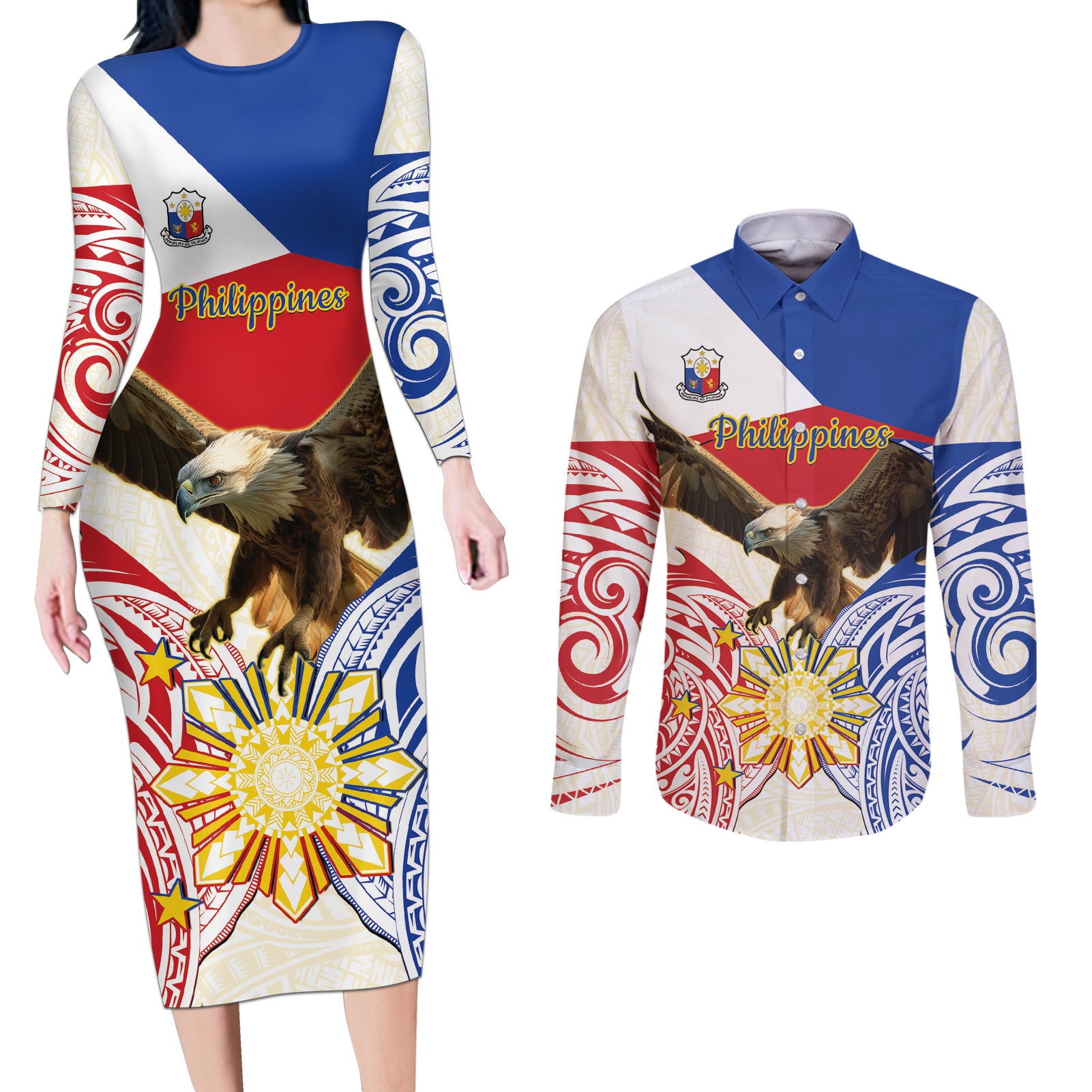 Philippines Independence Day Couples Matching Long Sleeve Bodycon Dress and Long Sleeve Button Shirt Pilipinas Eagle 126th Anniversary
