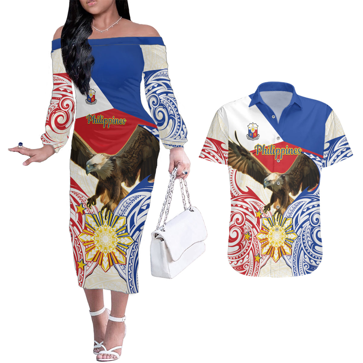 Philippines Independence Day Couples Matching Off The Shoulder Long Sleeve Dress and Hawaiian Shirt Pilipinas Eagle 126th Anniversary