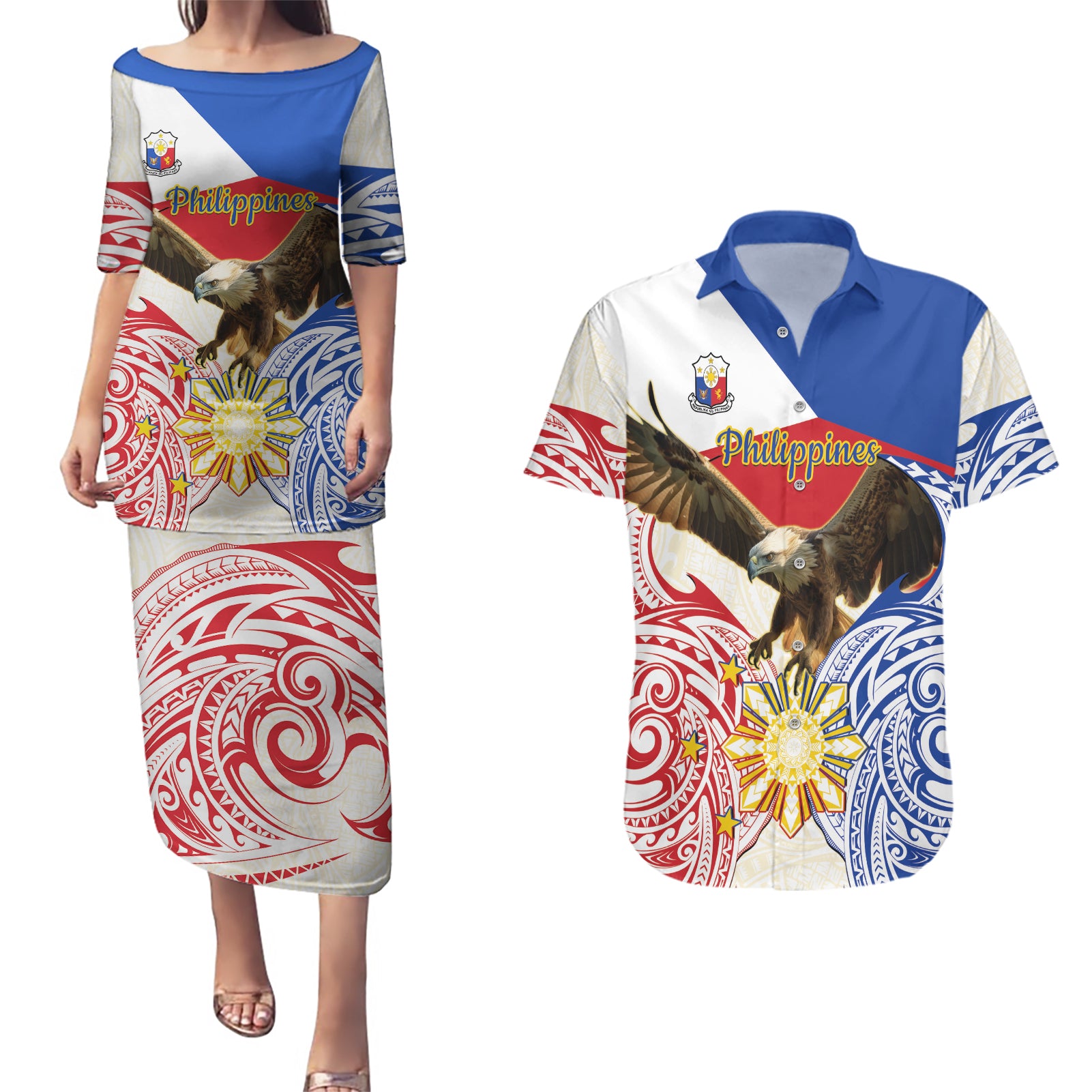Philippines Independence Day Couples Matching Puletasi and Hawaiian Shirt Pilipinas Eagle 126th Anniversary