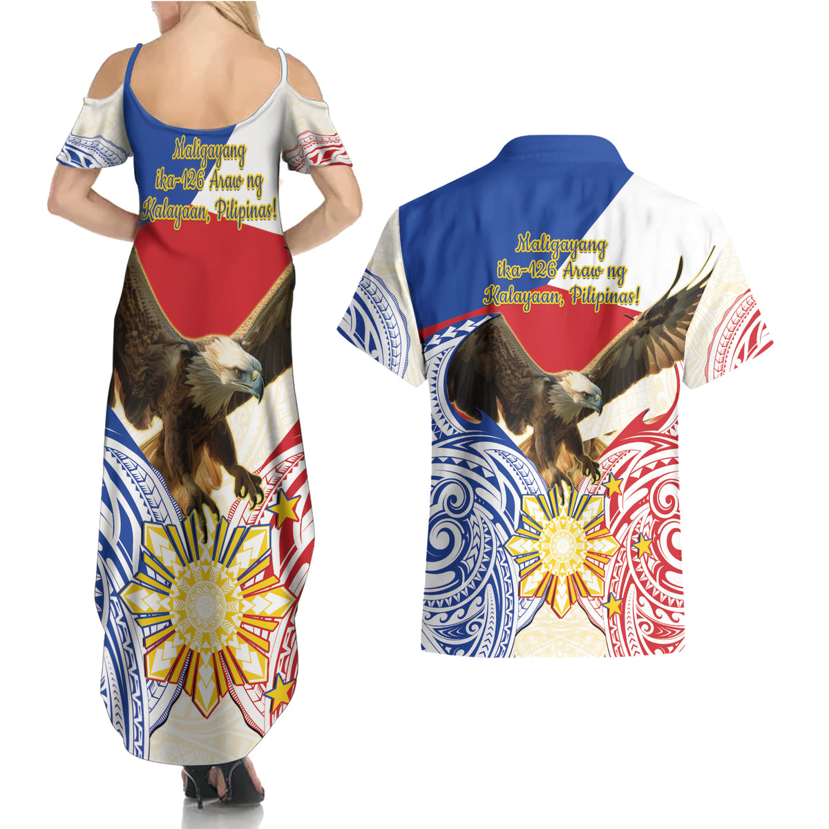 Philippines Independence Day Couples Matching Summer Maxi Dress and Hawaiian Shirt Pilipinas Eagle 126th Anniversary