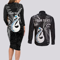 Personalised New Zealand Couples Long Sleeve Bodycon Dress and Long Sleeve Button Shirts Aotearoa Silver Fern With Manaia Maori Unique Black LT14 - Polynesian Pride