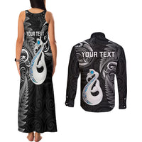 Personalised New Zealand Couples Matching Tank Maxi Dress and Long Sleeve Button Shirts Aotearoa Silver Fern With Manaia Maori Unique Black LT14 - Polynesian Pride