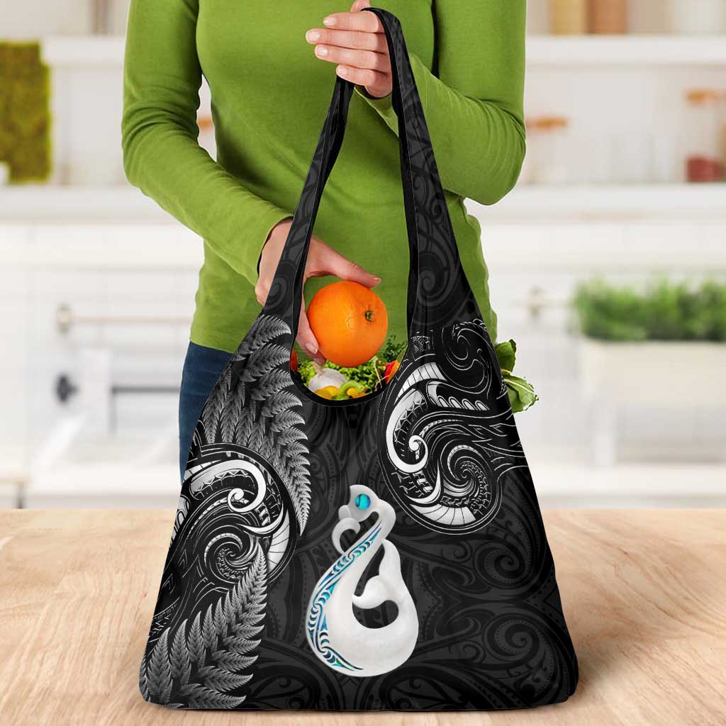 Black New Zealand Grocery Bag Aotearoa Silver Fern With Manaia Maori