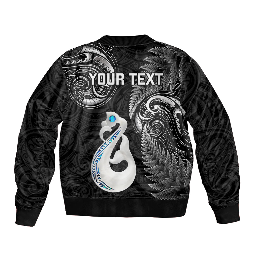 Personalised New Zealand Sleeve Zip Bomber Jacket Aotearoa Silver Fern With Manaia Maori Unique Black LT14 - Polynesian Pride