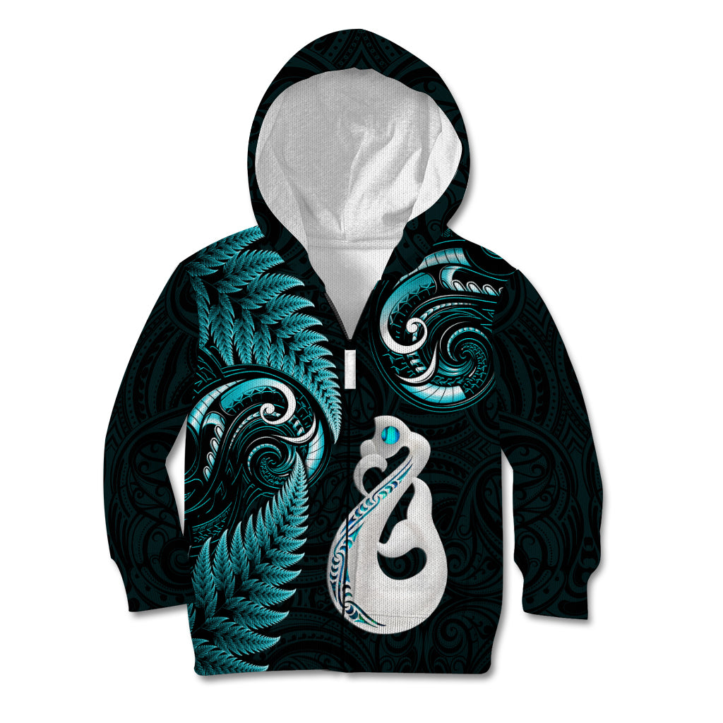 Personalised New Zealand Kid Hoodie Aotearoa Silver Fern With Manaia Maori Unique Turquoise LT14 Zip Hoodie Turquoise - Polynesian Pride