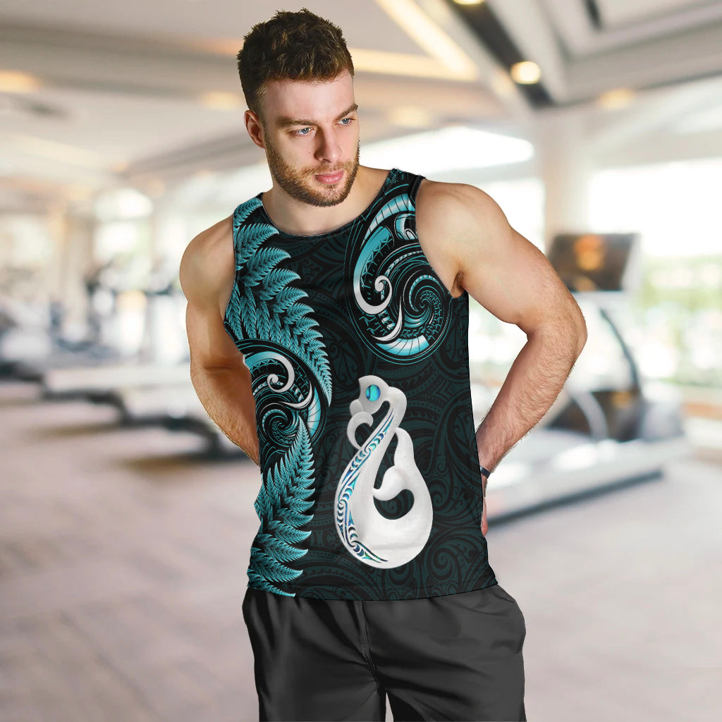 Personalised New Zealand Men Tank Top Aotearoa Silver Fern With Manaia Maori Unique Turquoise LT14 - Polynesian Pride