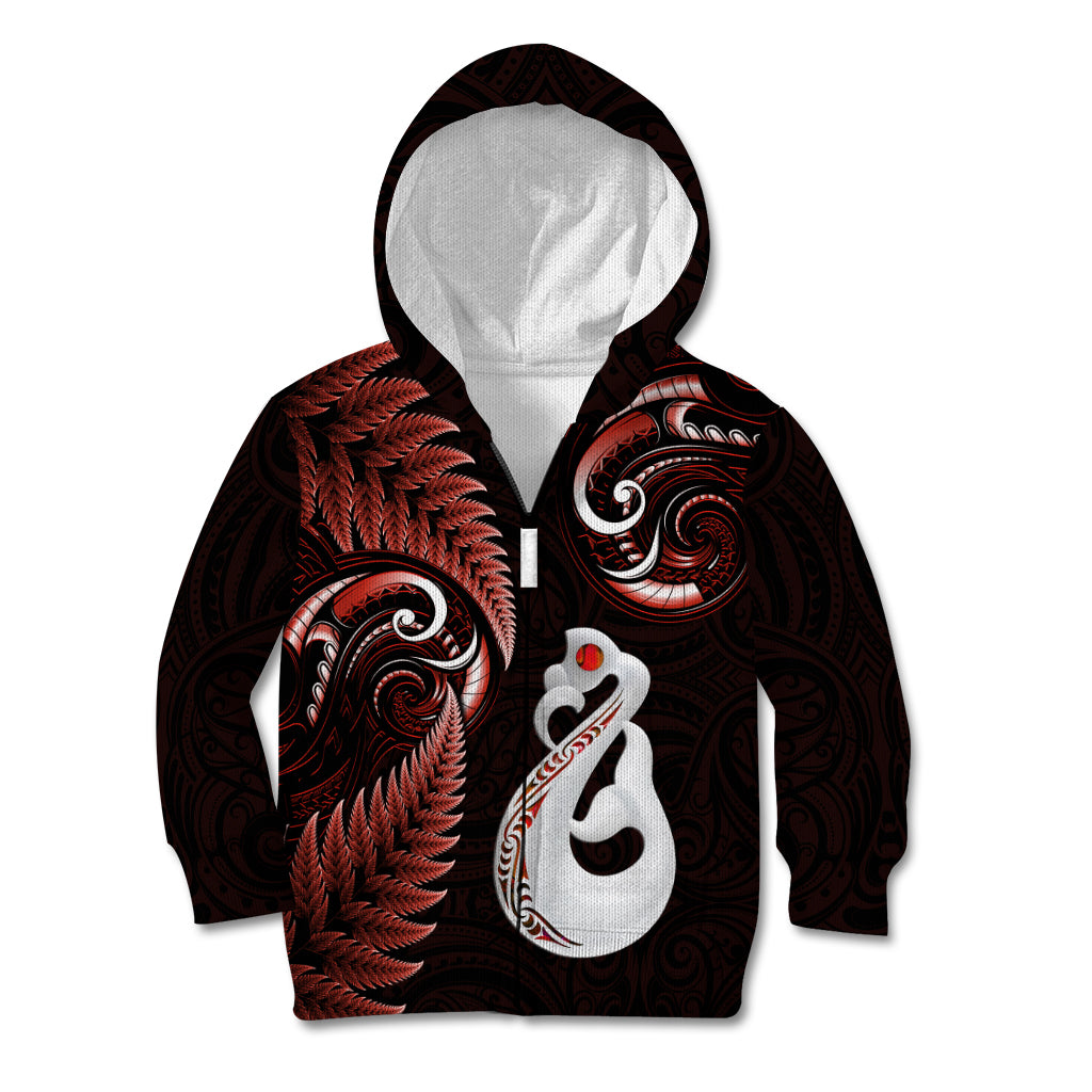 Personalised New Zealand Kid Hoodie Aotearoa Silver Fern With Manaia Maori Unique Red LT14 Zip Hoodie Red - Polynesian Pride
