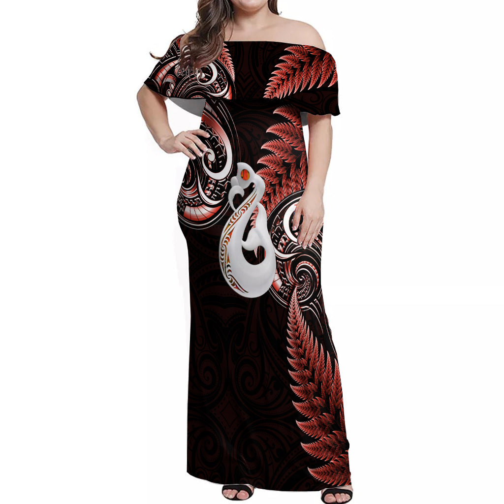 Personalised New Zealand Off Shoulder Maxi Dress Aotearoa Silver Fern With Manaia Maori Unique Red LT14 Women Red - Polynesian Pride