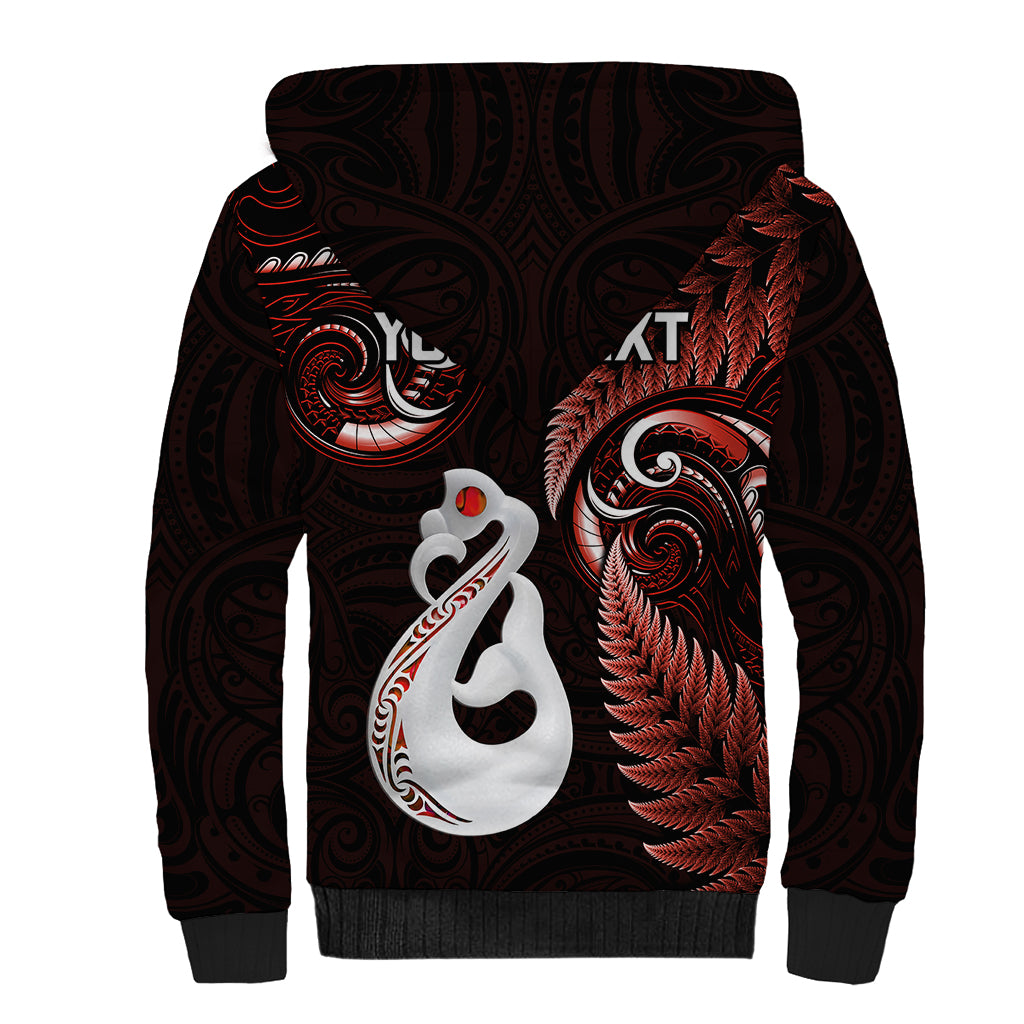 Personalised New Zealand Sherpa Hoodie Aotearoa Silver Fern With Manaia Maori Unique Red LT14 - Polynesian Pride