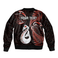 Personalised New Zealand Sleeve Zip Bomber Jacket Aotearoa Silver Fern With Manaia Maori Unique Red LT14 - Polynesian Pride