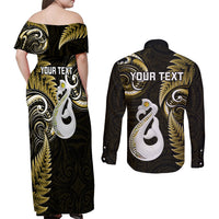 Personalised New Zealand Couples Off Shoulder Maxi Dress and Long Sleeve Button Shirts Aotearoa Silver Fern With Manaia Maori Unique Gold LT14 - Polynesian Pride