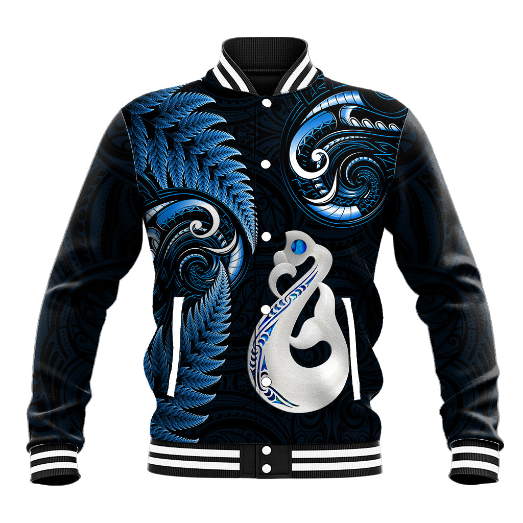 Personalised New Zealand Baseball Jacket Aotearoa Silver Fern With Manaia Maori Unique Blue LT14 Unisex Blue - Polynesian Pride