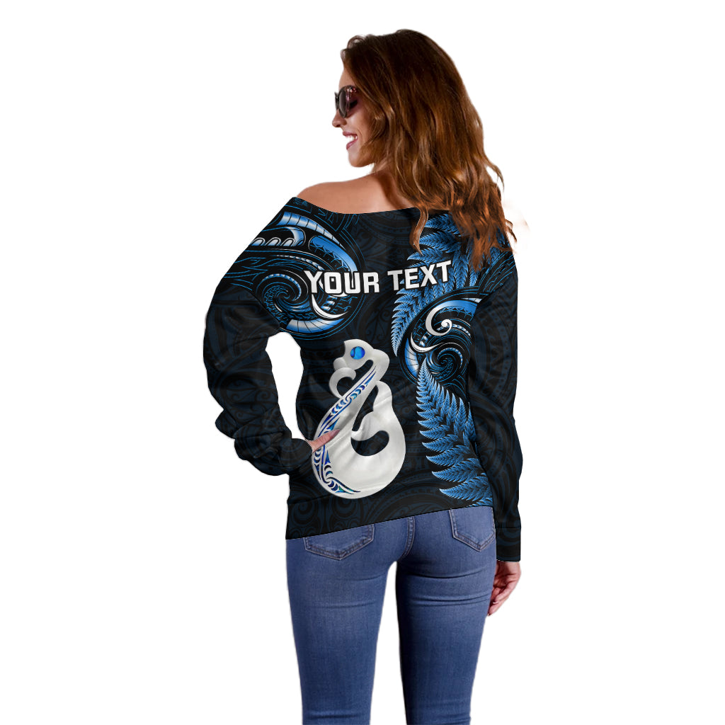 Personalised New Zealand Off Shoulder Sweater Aotearoa Silver Fern With Manaia Maori Unique Blue LT14 - Polynesian Pride