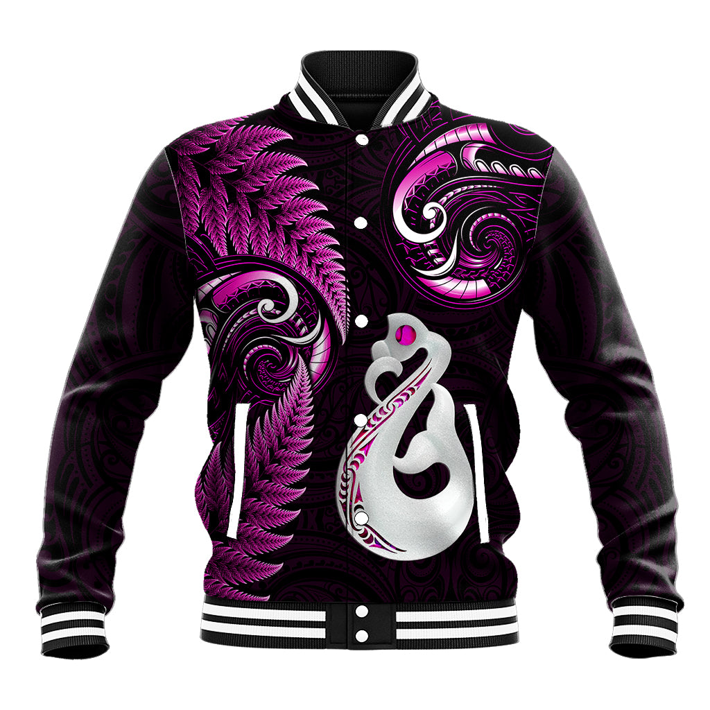 Personalised New Zealand Baseball Jacket Aotearoa Silver Fern With Manaia Maori Unique Pink LT14 Unisex Pink - Polynesian Pride