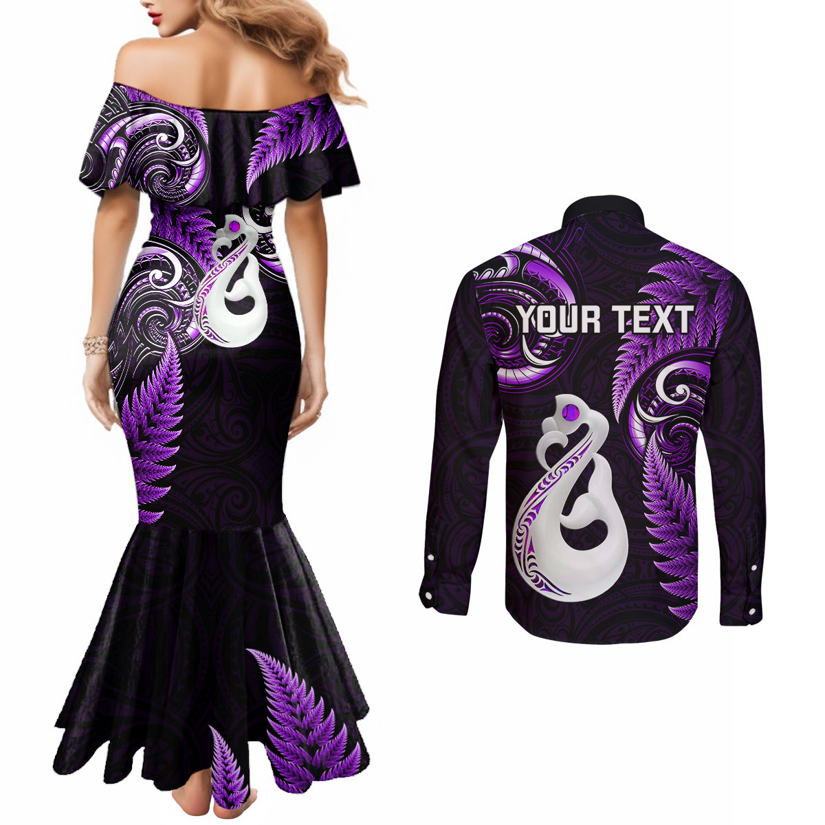 Personalised New Zealand Couples Mermaid Dress and Long Sleeve Button Shirts Aotearoa Silver Fern With Manaia Maori Unique Purple LT14 - Polynesian Pride
