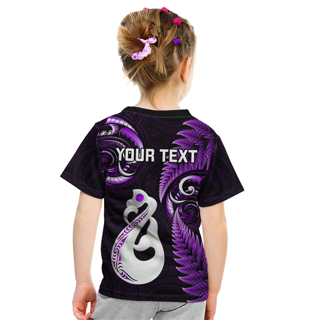 Personalised New Zealand Kid T Shirt Aotearoa Silver Fern With Manaia Maori Unique Purple LT14 - Polynesian Pride