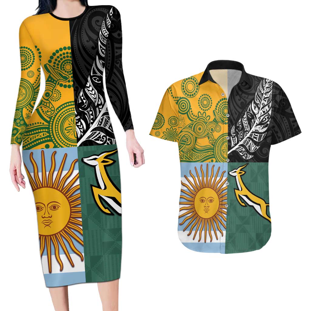 Personalised Rugby 2025 Championship Couples Matching Long Sleeve Bodycon Dress and Hawaiian Shirt Combination of Southern Hemisphere Countries - Polynesian Pride