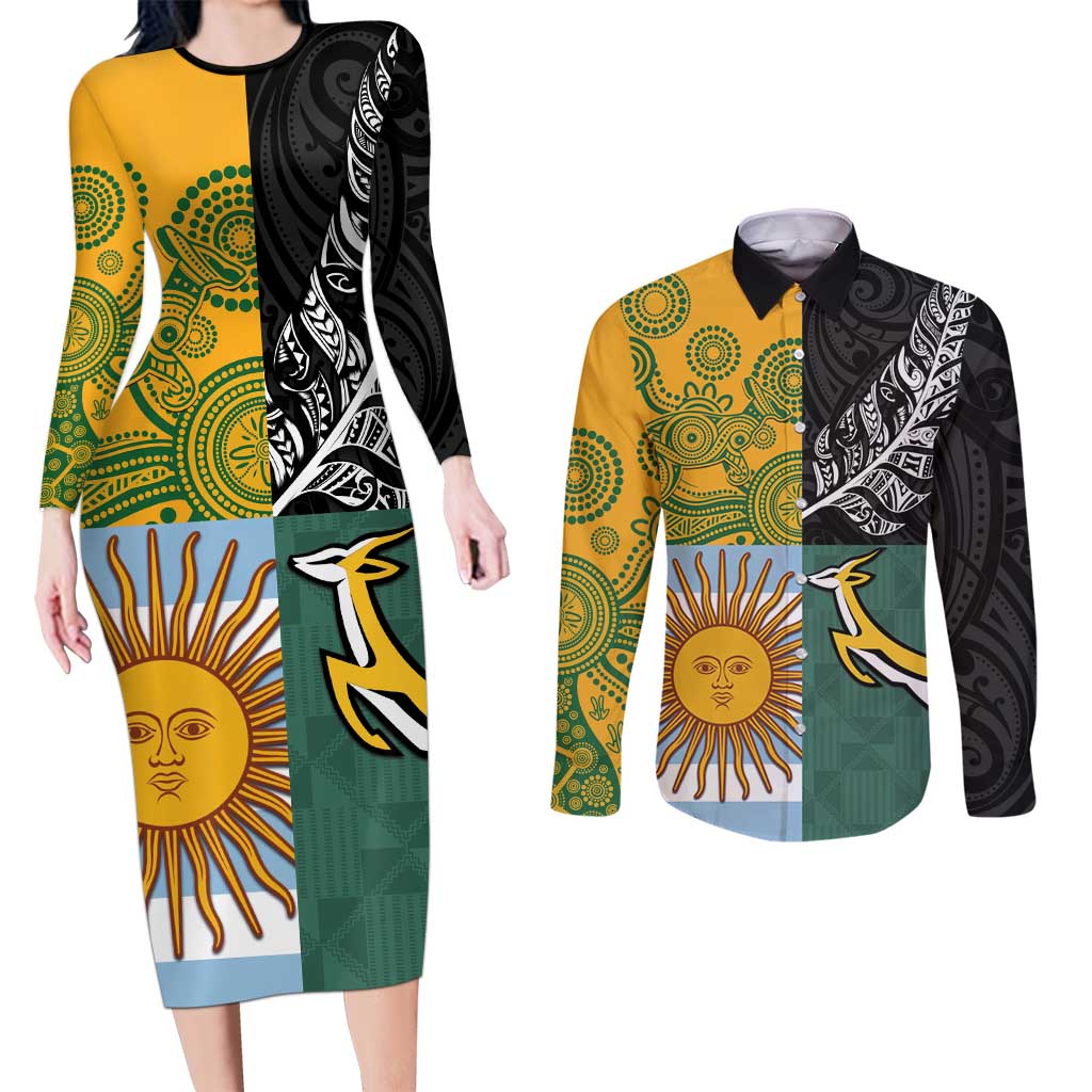 Personalised Rugby 2025 Championship Couples Matching Long Sleeve Bodycon Dress and Long Sleeve Button Shirt Combination of Southern Hemisphere Countries - Polynesian Pride