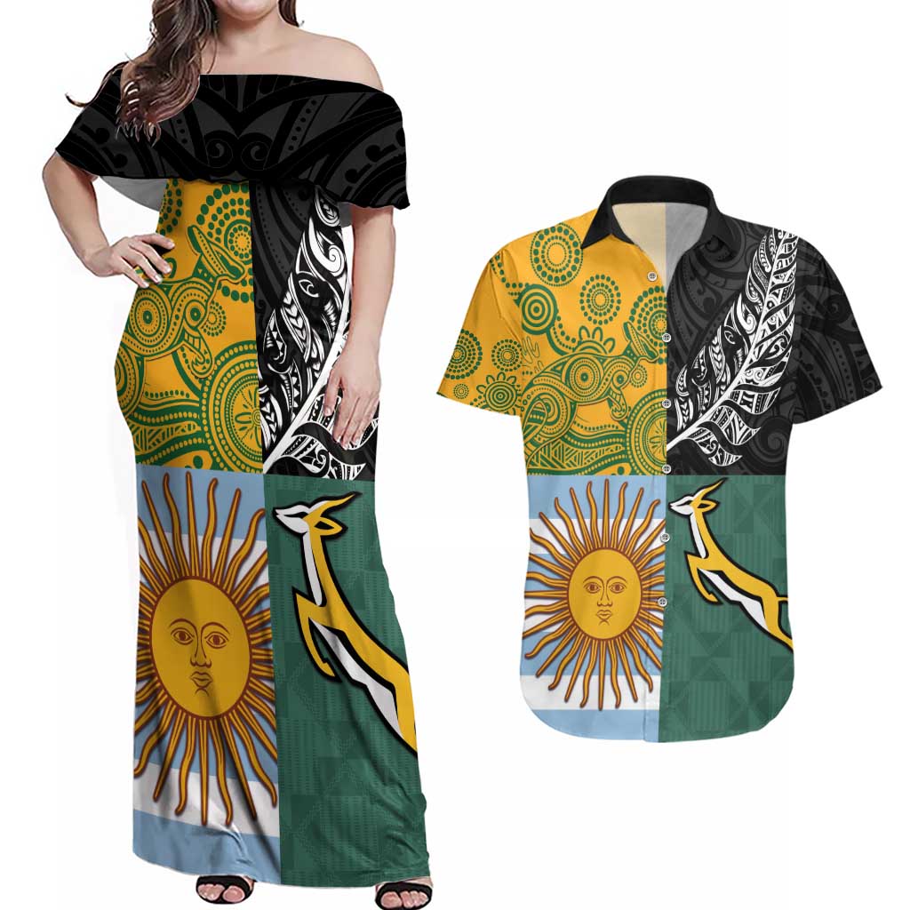 Personalised Rugby 2025 Championship Couples Matching Off Shoulder Maxi Dress and Hawaiian Shirt Combination of Southern Hemisphere Countries - Polynesian Pride