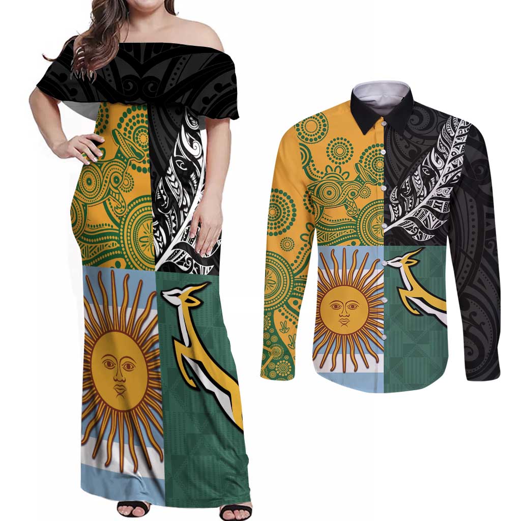 Personalised Rugby 2025 Championship Couples Matching Off Shoulder Maxi Dress and Long Sleeve Button Shirt Combination of Southern Hemisphere Countries - Polynesian Pride