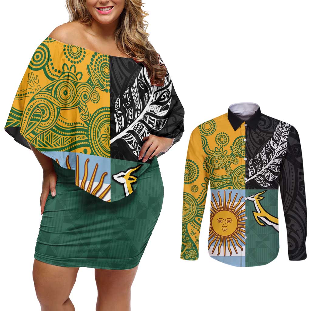 Personalised Rugby 2025 Championship Couples Matching Off Shoulder Short Dress and Long Sleeve Button Shirt Combination of Southern Hemisphere Countries - Polynesian Pride