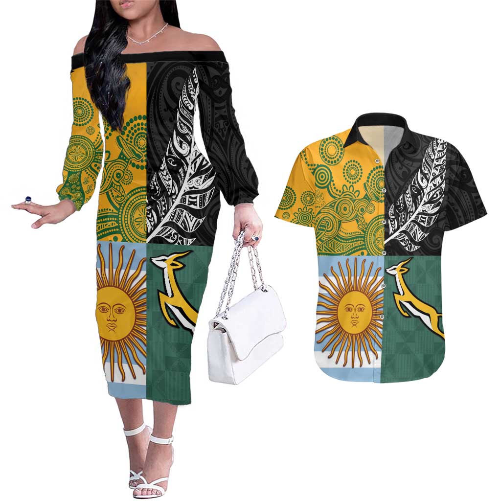 Personalised Rugby 2025 Championship Couples Matching Off The Shoulder Long Sleeve Dress and Hawaiian Shirt Combination of Southern Hemisphere Countries - Polynesian Pride