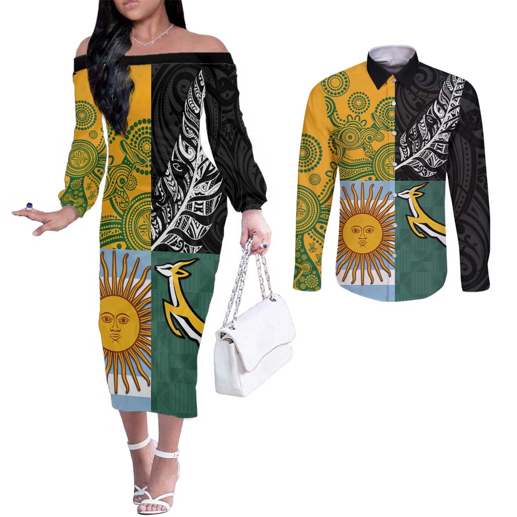 Personalised Rugby 2025 Championship Couples Matching Off The Shoulder Long Sleeve Dress and Long Sleeve Button Shirt Combination of Southern Hemisphere Countries - Polynesian Pride