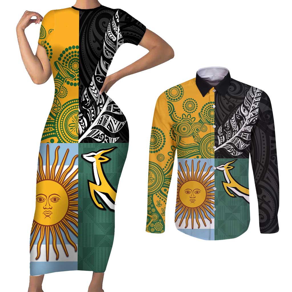 Personalised Rugby 2025 Championship Couples Matching Short Sleeve Bodycon Dress and Long Sleeve Button Shirt Combination of Southern Hemisphere Countries - Polynesian Pride