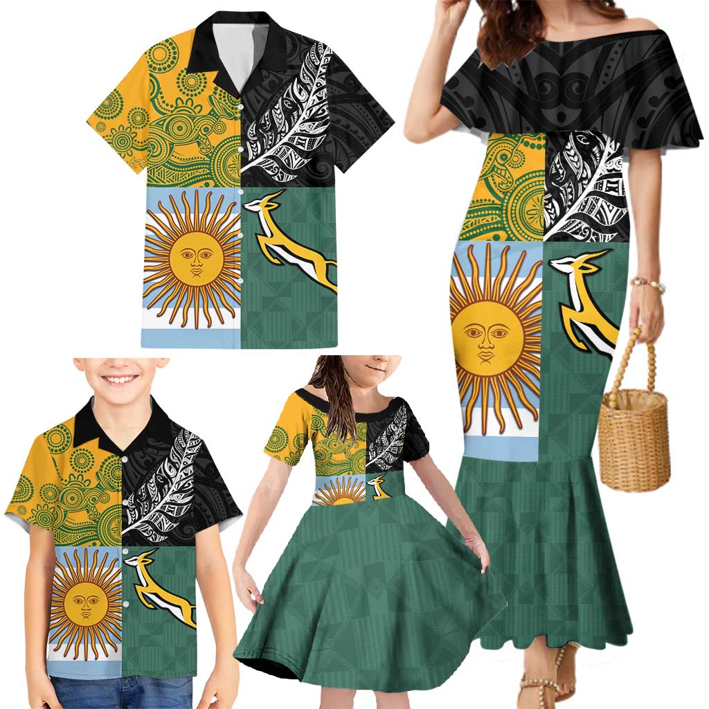 Personalised Rugby 2025 Championship Family Matching Mermaid Dress and Hawaiian Shirt Combination of Southern Hemisphere Countries - Polynesian Pride