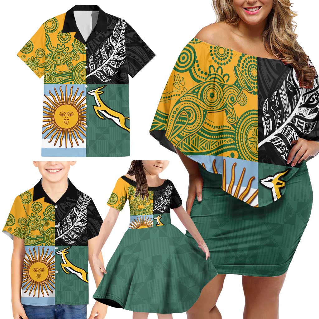Personalised Rugby 2025 Championship Family Matching Off Shoulder Short Dress and Hawaiian Shirt Combination of Southern Hemisphere Countries - Polynesian Pride