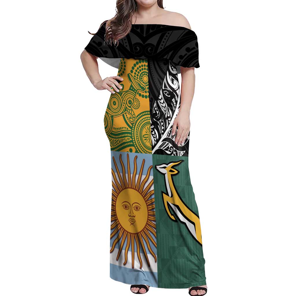 Personalised Rugby 2025 Championship Off Shoulder Maxi Dress Combination of Southern Hemisphere Countries - Polynesian Pride