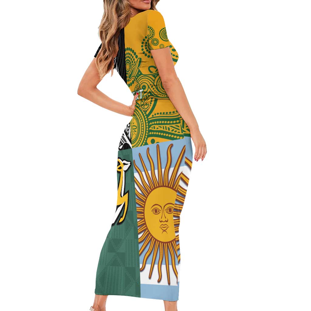 Personalised Rugby 2025 Championship Short Sleeve Bodycon Dress Combination of Southern Hemisphere Countries - Polynesian Pride