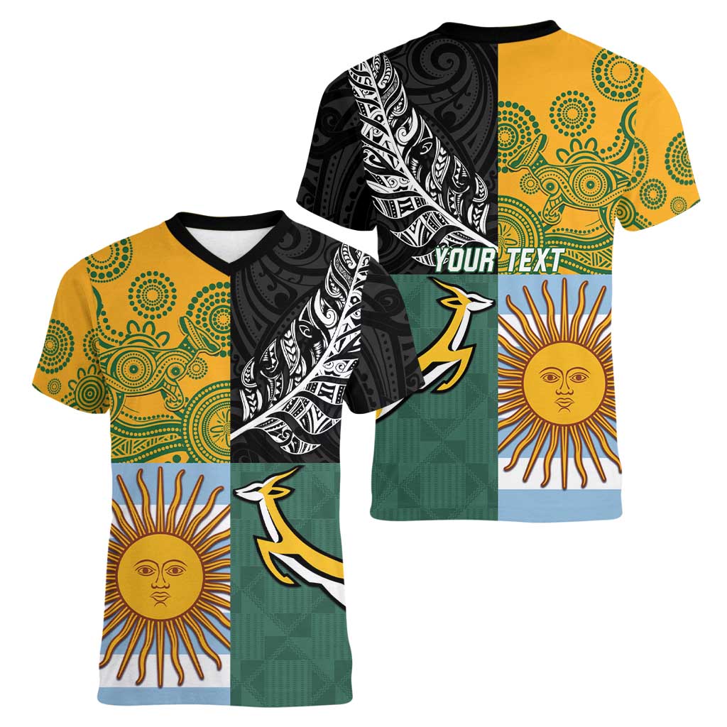 Personalised Rugby 2025 Championship Women V-Neck T-Shirt Combination of Southern Hemisphere Countries - Polynesian Pride