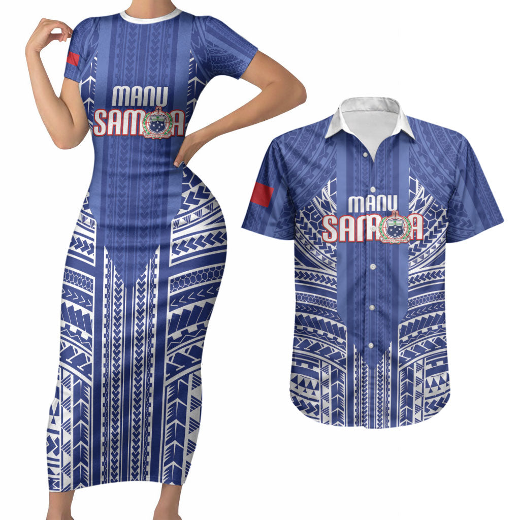 Custom Manu Samoa Rugby 2026 Couples Matching Short Sleeve Bodycon Dress and Hawaiian Shirt Samoan Pattern LT14 Blue - Polynesian Pride
