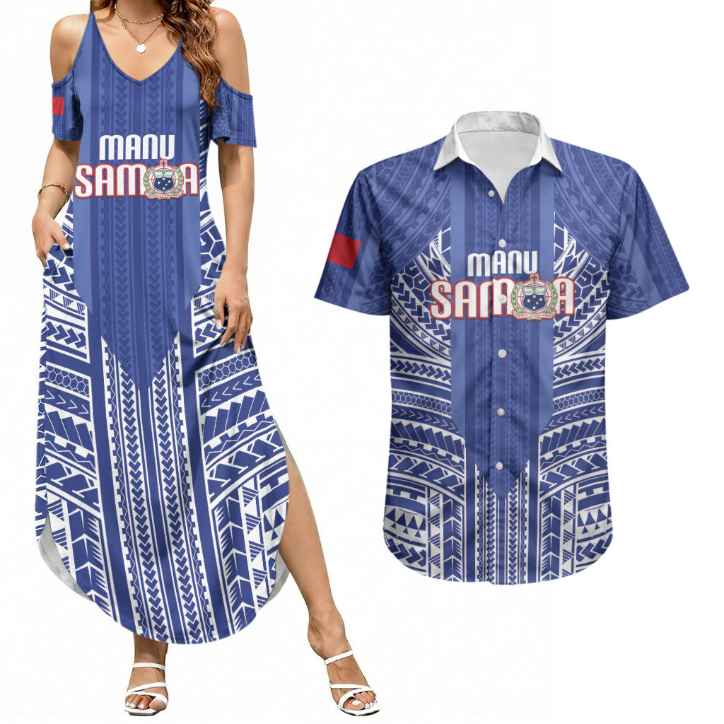 Custom Manu Samoa Rugby 2026 Couples Matching Summer Maxi Dress and Hawaiian Shirt Samoan Pattern LT14 Blue - Polynesian Pride